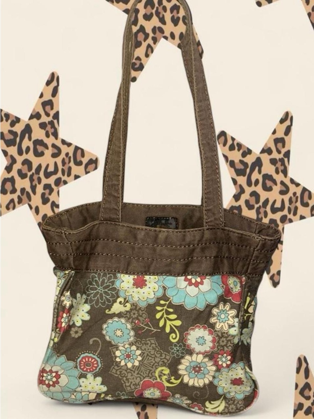 thirty-one Brown Floral Shoulder Bag with Aqua and Red Accents